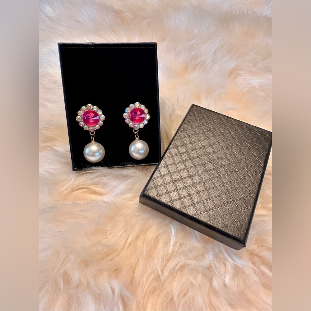 NWT Pink and AB rhinestone with faux pearl drop pierced earrings